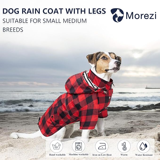 Dog rain Coat Waterproof Raincoat Puppy Jacket with Legs Buttons Zipper Hood Drawstring Fit for Yorkie Terrier Schnauzer Poodle Border Collie Labrador Golden Retriever 8lbs to 80lbs Red XL