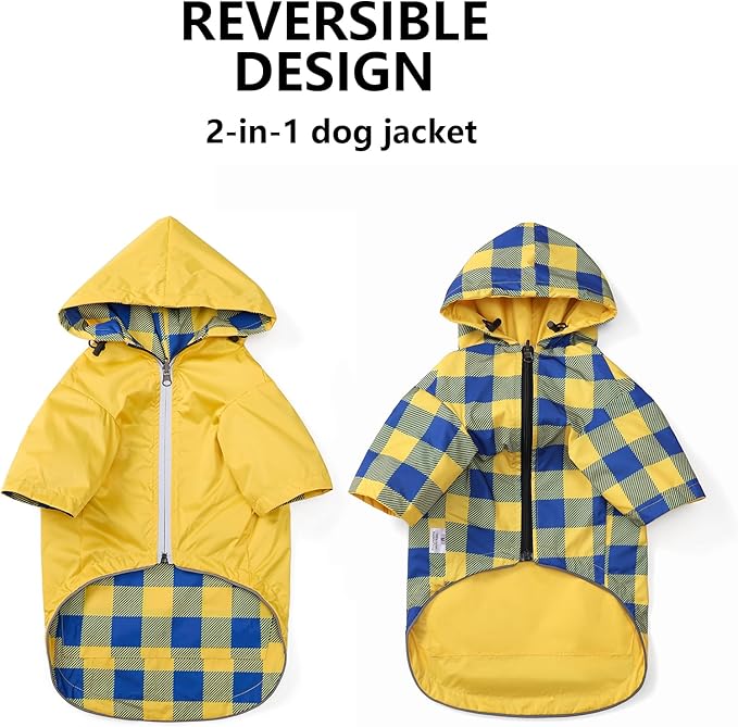 Dog Raincoat Dogs Waterproof Reversible rain Jacket Dog Small Medium Breeds Reflective Zipper Storage Pocket Harness Hole - Yellow - S
