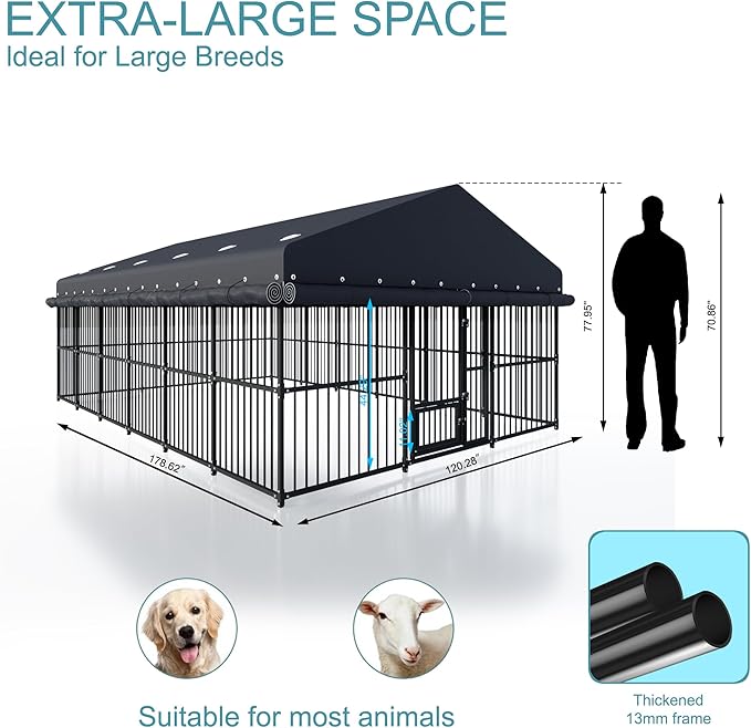 10x15x6 FT Dog Kennel, Outdoor Dog House with Roof All Weather Resistant Large Dog Enclosure Cage with Triple Locks, Heavy Duty Metal Dog Pens Outside (118" W x 179" D x 78" H)