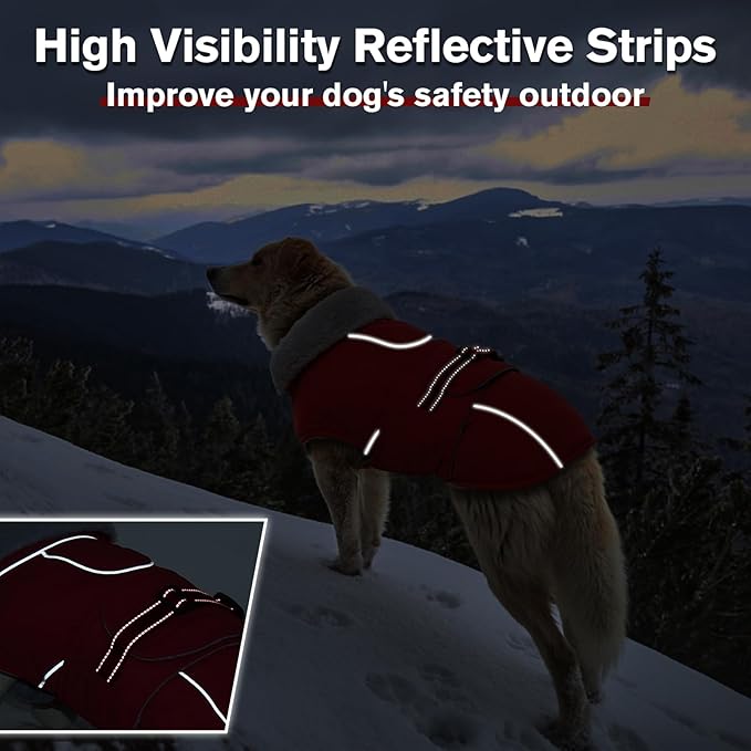 Lelepet Warm Dog Coat Waterproof Dog Jacket Reflective Fleece Vest with Adjustable Buckle Hook & Loop, Windproof Winter Jacket Dogs Coats for Small Medium Large Dogs, Red, XL