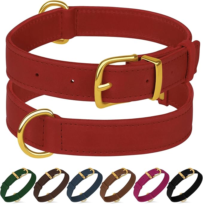 Leather Dog Collar - Heavy Duty Adjustable Soft Padded Pet Collars for Small Medium Large Dogs Breed - Black Green Brown Pink Red Blue (Red, L, 15"-19" Neck Fit)