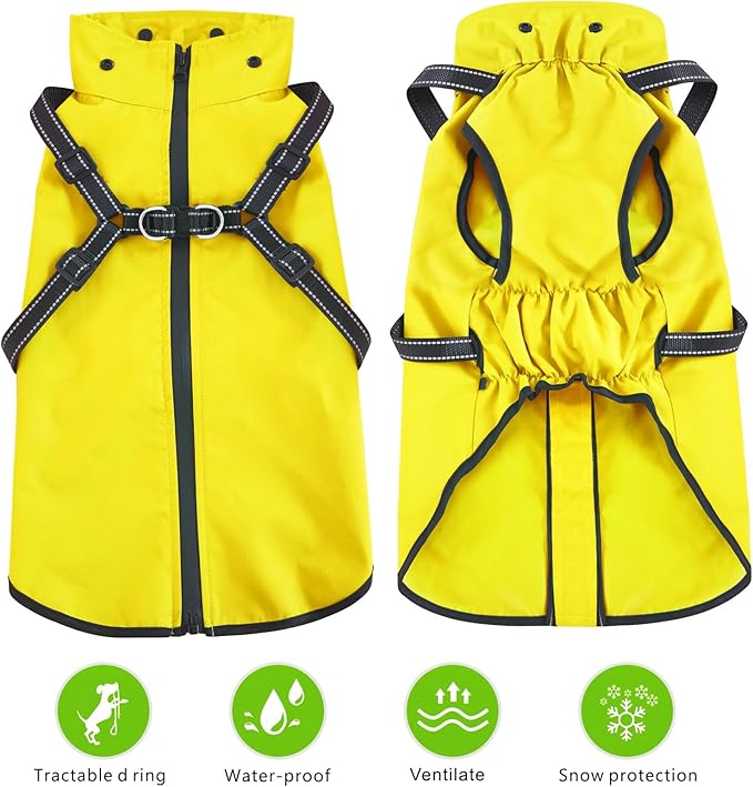 Mosucoirl Dog Raincoat Waterproof Doggie Hoodie Reflective Dog Raincoat Hooded Adjustable Rain Jacket for Small Medium Large Dogs Puppies Doggie (Yellow, L)