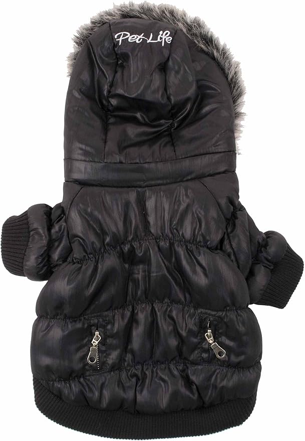 Pet Life Classic Metallic Winter Dog Coat with Zippered Removable Fur Hood - Dog Jacket Features 3M Thinsulate Insulation Warming Technology - Dog Clothes Sizing fits Small, Medium and Large Dogs,Black