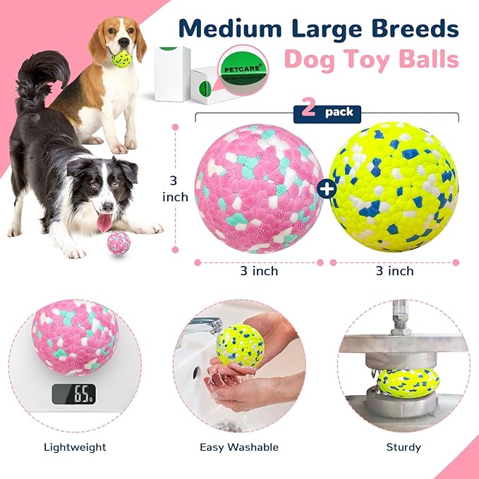 Petcare 2 Pack Dog Balls Toys for Aggressive Chewers Indestructible Tennis Balls for Medium Large Dogs Water Toy Chew Ball Tough Durable Big Dog Toys Bouncing Ball for Dogs to Fetch, Pink+Green