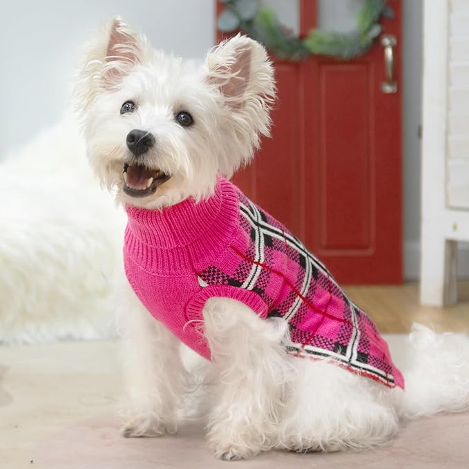 PUPTECK Dog Sweaters for Large Medium Small Dogs - Fall Classic Plaid Style Puppy Holiday Winter Coat Clothes Warm, Fuschia, XL