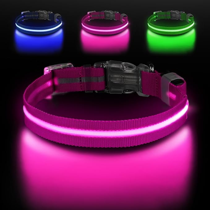 Light Up Dog Collar, Adjustable USB Rechargeable Glow in Dark Dog Collar ，Waterproof Dog Collars for Large Dogs (Pink, Large)