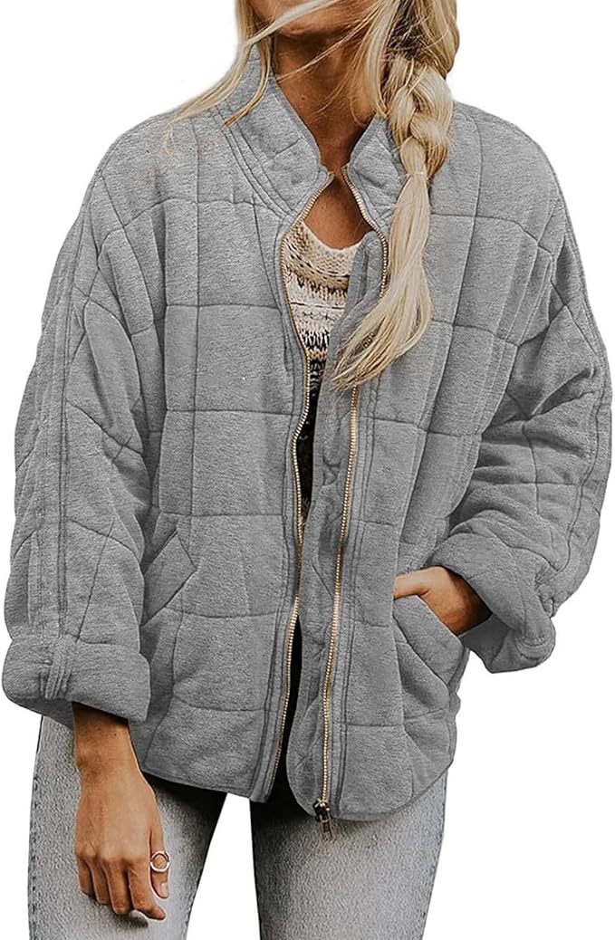 LIZALIG Warm Padded Coat for Women Full Zip Quilted Jackets Winter Oversized Causal Solid Color Stand Collar Pockets Coat