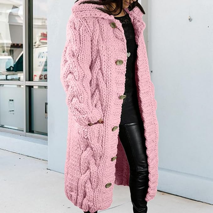 LOAIHA Women Chunky Cable Knit Long Sleeve Cardigan Fall Winter Trendy Oversized Button Down Sweaters Outerwear with Pocket