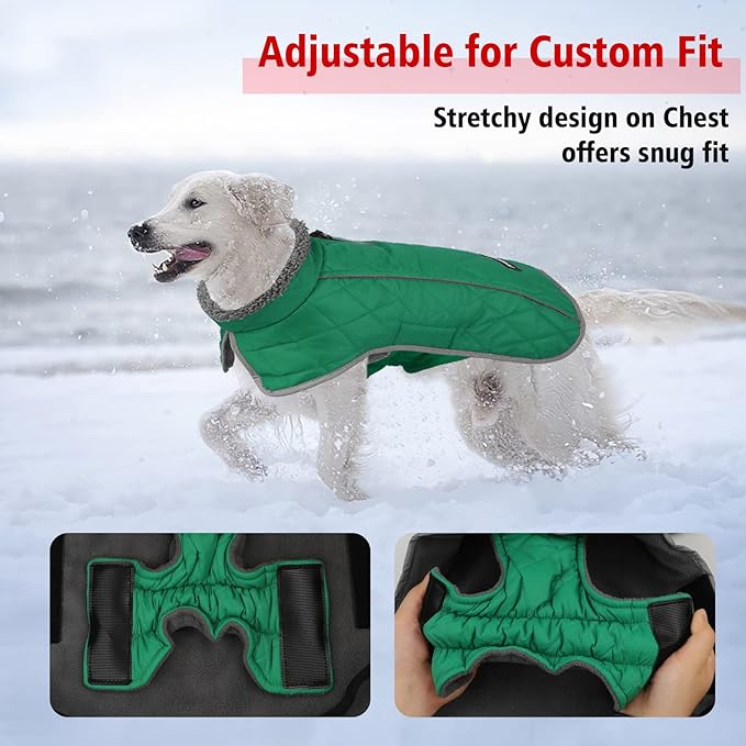 Fragralley Dog Coat Large, Waterproof Dog Jacket with Warm Fleece Lining, Adjustable Reflective Dogs Winter Coat, Turtleneck Pet Coats for Cold Weather (Green L)