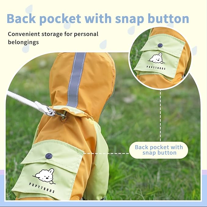 Dog Raincoat with Transparent Hood, Waterproof Jacket for Small Dogs with Snap-Button Chest, Leash Hole & Hook-and-Loop Cuffs Sleeves, Back Pocket for Treats (Blue, Small)