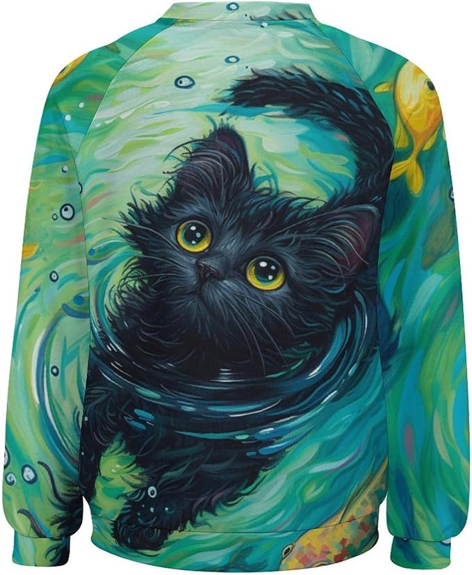 Long Sleeve Shirts for Women Cat Oil Painting Shirt 3D Graphic Sweatshirts Fall Pullover Crewneck Vintage Boho Tops