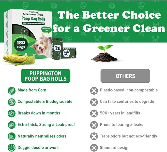 Puppington Certified Home Compostable Poop Bags - ASTM D6400 Compliant - 180 Extra Thick Bags - Plant Based - Pairs with Puppington 3-in-1 Bag & Fits all Standard Poop Bag Dispensers (Basil Green)