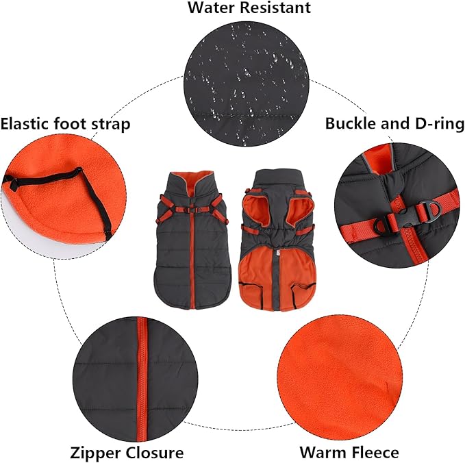 Geyecete Winter Warm Coat Waterproof Dog Winter Jacket with Harness Traction Belt,Windproof Pet Outdoor Jacket Dog Autumn-Gray-XXL