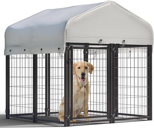 8 Panels Large Dog Kennel Outside Outdoor Dog Kennel Large with Roof Heavy Duty Dog Kennel Outdoor Indoor Dog Playpen Enclosure Pet Pen House Fence Yard Kennel for Small Medium Large 4'x4'x4.4'