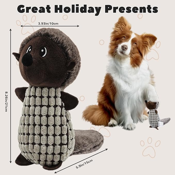Crinkle Dog Toys Squeaky Plush No Stuffing Cute Puppy Stuffless Tough Rop Pull Toy, Fun Dog Stuffed Animals Durable Chew Set for Small Medium Large Pup (Large, Dark Brown Squirrel)