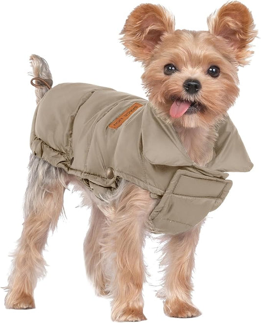 SPACE LION Dog Puffer Jacket, Down Winter Coat, Durable Outdoor Coat for Cold and Windy Conditions, Waterproof, Lightweight Jacket, Adjustable Fit for Small, Medium, Large Dogs(Khaki,10/S)