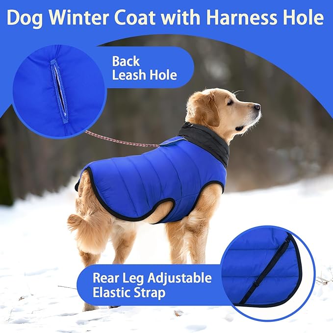 MIGOHI Lightweight Dog Coat, Windproof Dog Jacket, Puffer Jacket for Large Dogs, Padded Vest with Reflective Strips, Warm Snow Vest in Cold Weather, Easy On Hook & Loop Belly, Blue, 3XL
