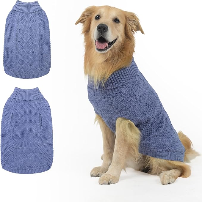 Mihachi Turtleneck Dog Sweater - Winter Coat Apparel Classic Cable Knit Clothes with Leash Hole for Cold Weather, Ideal Gift for Pet in New Year Grayish Blue XL