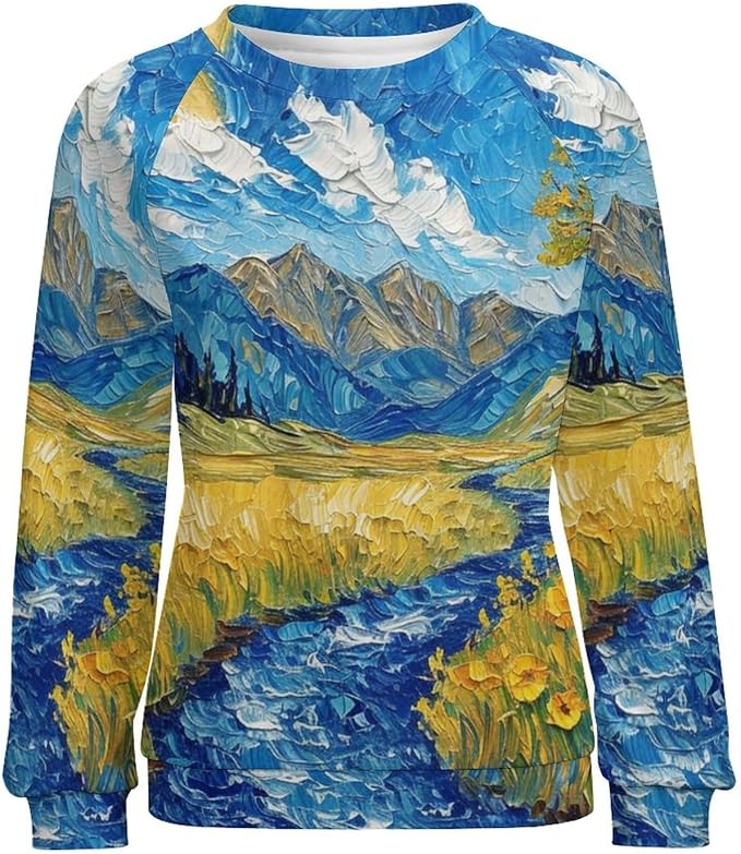 Long Sleeve Shirts for Women Cat Oil Painting Shirt 3D Graphic Sweatshirts Fall Pullover Crewneck Vintage Boho Tops