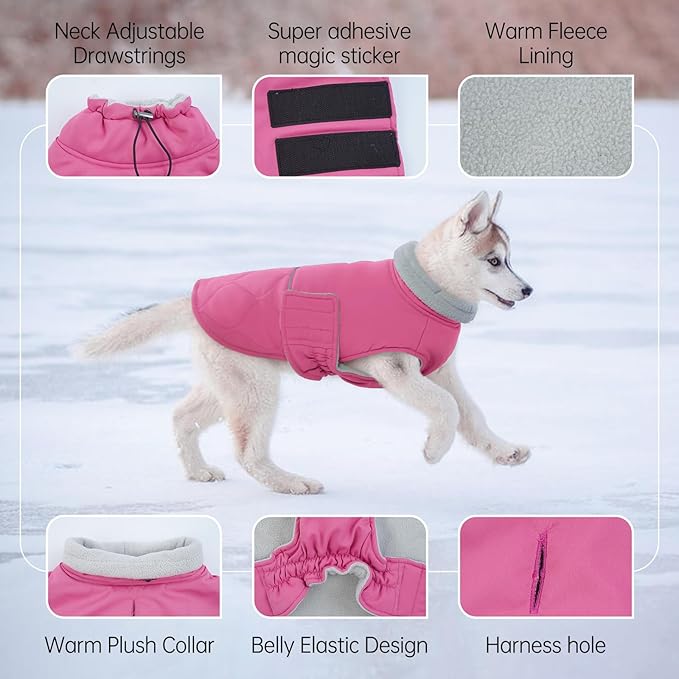BRKURLEG Dog Winter Jacket, Warm Dog Winter Coats for Small and Medium Large Dogs, Reflective Adjustable Pet Cold Weather Coats, Waterproof Dogs Snow Jacket Clothes Fleece Vest (XS, Rose Red)