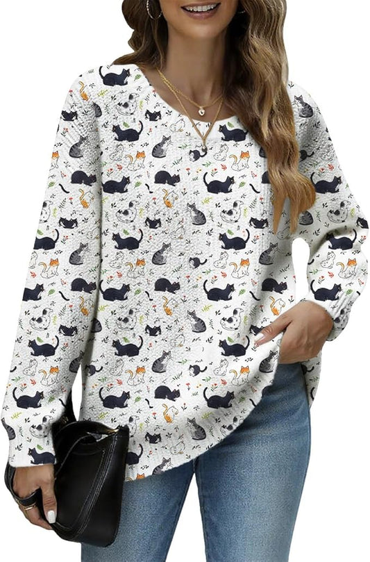 Women's Cat Printed Sweater Oversized Cable Knit Long Sleeve Christmas Clothes Casual Autumn Winter Fashion Tops