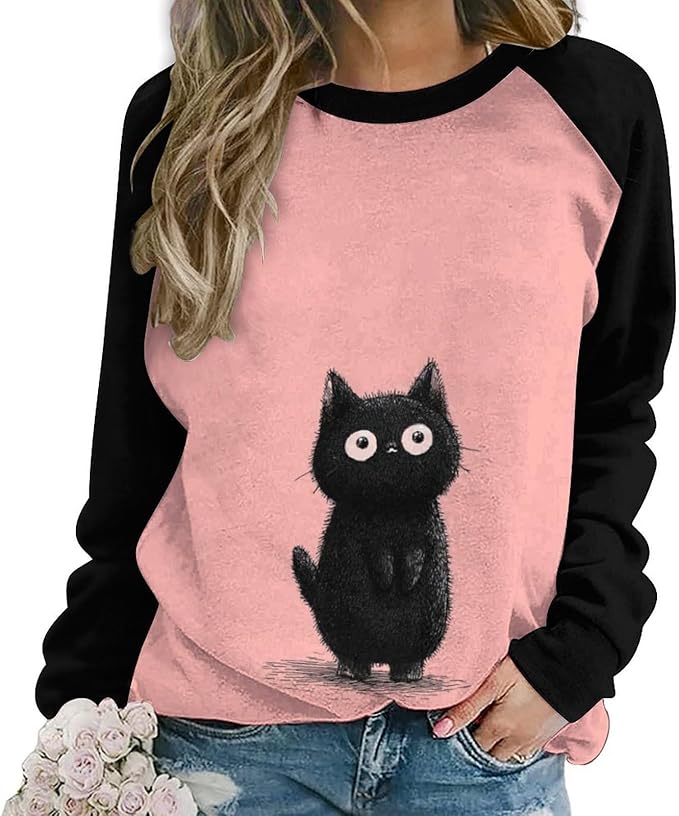 Abstract Cute Cat Shirts for Women Long Sleeve Lady Crewneck Pullover Sweatshirt Fall Winter Oversized Tops