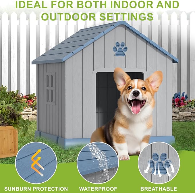 EasyUp Dog House Outdoor Indoor,Dog House Weatherproof Resin Shelter with Air Vents and Elevated Floor for Small Medium Large Dogs,Easy Clean and Assemble(31.18 * 33.7 * 32.52in, Blue)