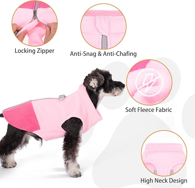 KOOLTAIL Dog Fleece Vest Sweater, Zip Up Step-in Pullover Warm Puppy Jacket with Dual Leash D-Ring for Small Medium Dogs, Cozy Soft Pet Winter Cold Weather Coats Fall Clothes Hoodie Boy Girl, Pink L