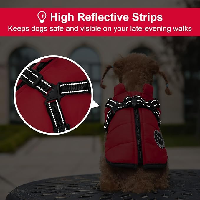 Warm Winter Coat, Fashion Sports Cold Weather Jacket With Built-in Harness, Reflective & Adjustable Comfortable Pet Vest, Waterproof Windproof Apparel for Small Dogs (Red)