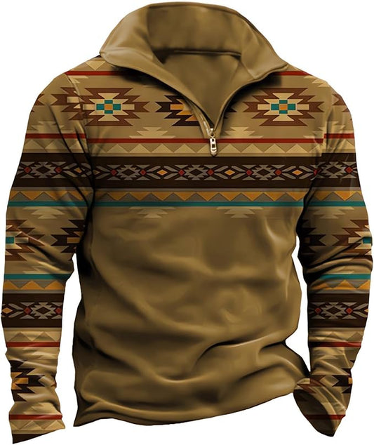 HOTYD Aztec Cowboy Mens Hoodie Vintage Graphic Western Hoodies Casual Long Sleeve 1/4 Zip Pullover Mens Country Jacket