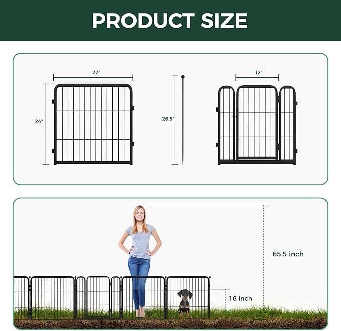 FXW Garden Fence Outdoor for The Yard – 24in(H) x 60.9ft(L) Heavy Duty Metal Animal Barrier for Dog and Rabbit, Decorative Dog Fence, 32 Panels, Black