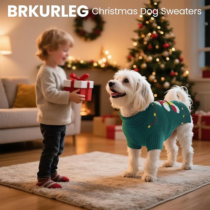 BRKURLEG Dog Sweaters, Christmas Dog Sweaters, Medium Large Dogs Warm Sweater for Cold Weather, Pullover Sweater Xmas New Year, Winter Knitted Sweatshirt Outfit for Boston Terrier, Beagle (Green, L)