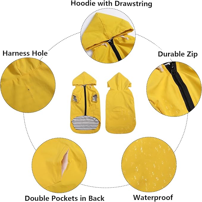 Dog Raincoat rain Jacket Dogs Waterproof fit for Small Medium Breeds Zipper Closure Pocket Storage in Cold Day - Yellow - M