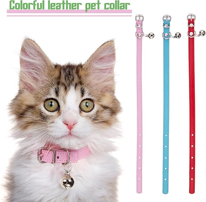 Weewooday 6 Pieces Leather Cat Collar with Bell Cute Pet Leather Kitten Collar for Boy Girl Cats with Safety Elastic Strap for Small Kitten Puppy(Classic Color)