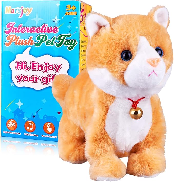 Yellow Robot Cat Plush Stuffed Animal Interactive Meow Kitten Touch Control Electronic Pet Robotic Kitty Toy, Animated Toy Cats for Girls Baby Kids