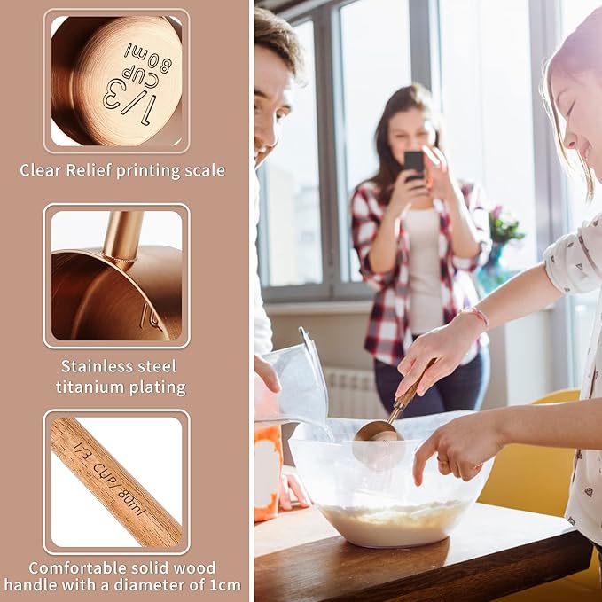 Measuring Cup with Wooden Handle, 1/4 Cup Titanium-plating 60 Ml Stainless Steel, Rose Gold