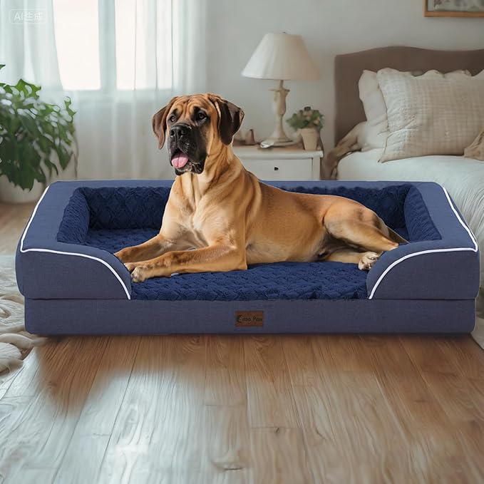 Orthopedic Dog Beds for Extra Large Sized Dogs, Waterproof Memory Foam XL Pet Bed with Sides 42x30Inch, Non-Slip and Egg-Crate Foam Big Dog Couch Bed with Removable Washable Cover, Navy Blue