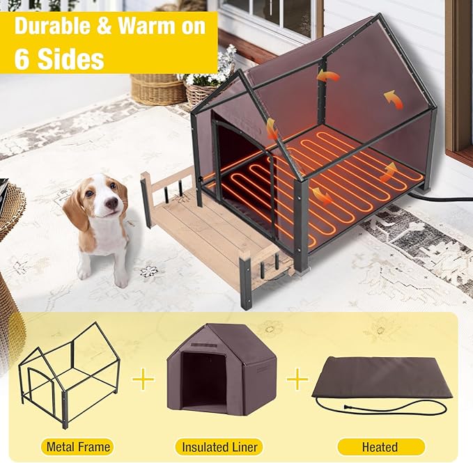 Outdoor Dog House with All-Around Insulated Liner Weatherproof Puppy Shelter Indoor Dog Kennel, Anti-Bite Dog Home for Large Breed with Porch (Brown (Heated Liner), Medium)