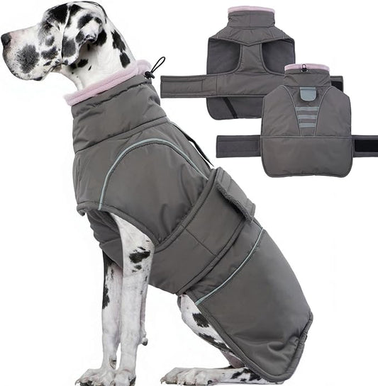 Dog Winter Coat for Small to Large Dogs(XS-XXXL)– Waterproof Windproof Fleece Lined Jacket with Reflective Trim,Pet Vest with Adjustable Buckles, Machine Washable Grey 2XL