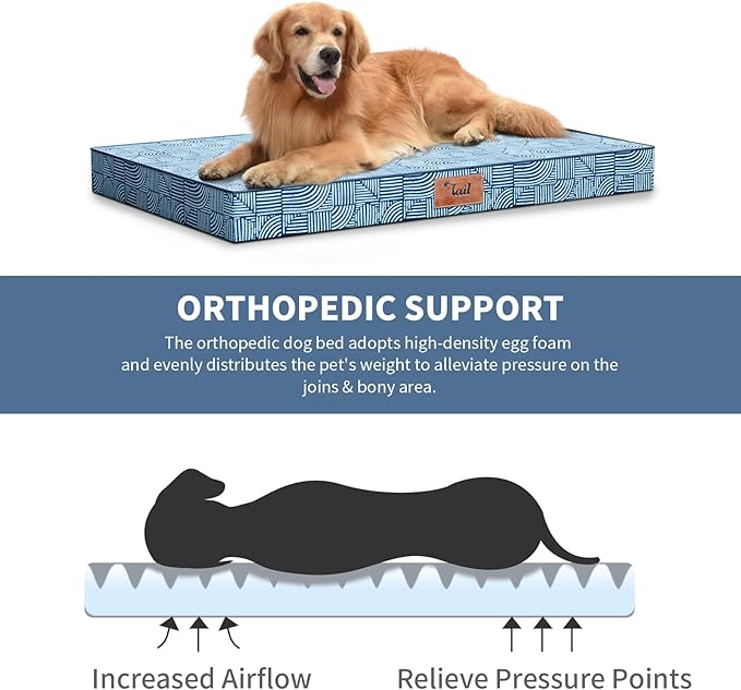 Outdoor Extra Large Dog Crate Bed, XXL Waterproof Dog Bed for Giant Breeds Dogs, 47x29 Inch Orthopedic Egg Crate Foam Pet Mat with Removable Cooling Cover, White Blue
