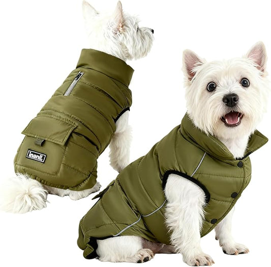 Dog Winter Jacket Waterproof, Reflective Fleece Lined Dog Coats for Small Medium Large Dogs, Warm Snow Coat for Dogs, Insulated Cold Weather Dogs Puffer Jackets with Leash Hole, Olive, M