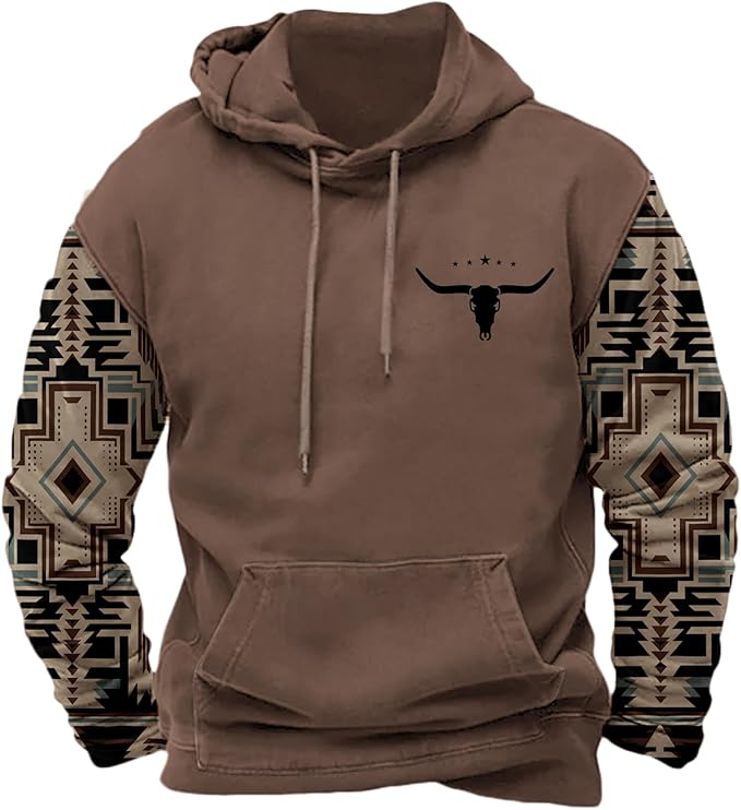 HOTYD Mens Western Aztec Sweatshirts Long Sleeve Fall Fashion Drawstring Pullover Vintage Graphic Cowboy Hoodie for Men