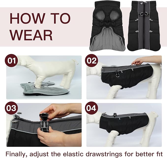 Dog Winter Jacket - 3X Large, Warm Zip Up Snowsuit Dog Harness Vest, Reflective, Water-Resistant, Black