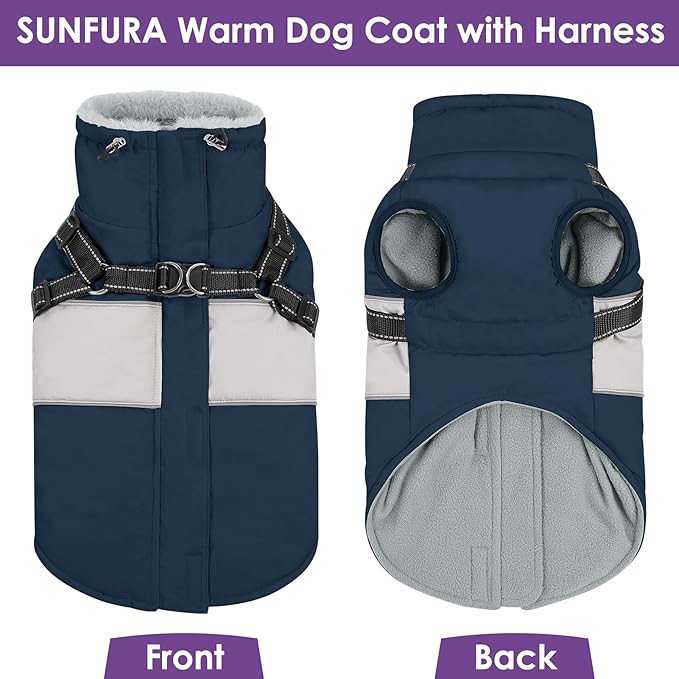 SUNFURA Small Dog Coat with Harness Built in, Warm Dog Jacket Winter with Zipper On Back, Waterproof Pet Snow Jacket Snowsuit Pet Sweater Clothes for Schnauzer, Yorkshire Terrier, Navy Blue S