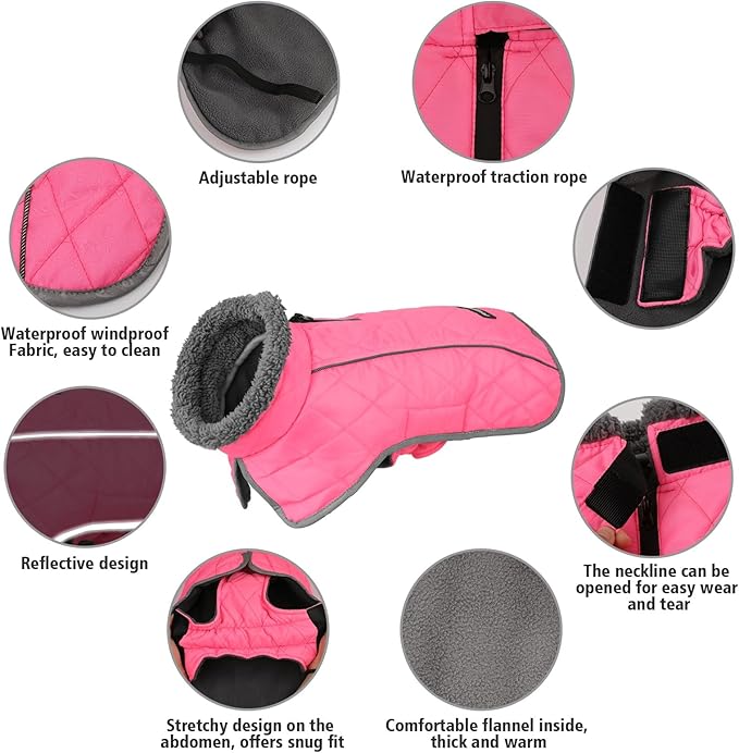 Fragralley Dog Coat Large, Waterproof Dog Jacket with Warm Fleece Lining, Adjustable Reflective Dogs Winter Coat, Turtleneck Pet Coats for Cold Weather (Pink L)