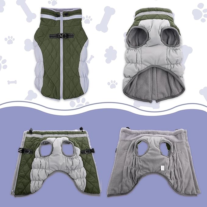 Lelepet Dog Coat Warm Dog Winter Coat Waterproof Dogs Jacket with Harness Built in Reflective Pet Fleece Vest Zip-Up Cold Weather Coats for Large Dogs Turtleneck Windproof Coats Pitbull Army Green 2XL