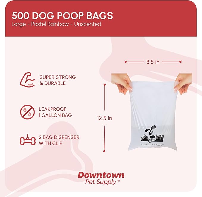 Downtown Pet Supply Unscented Poop Bags for Dogs with Dispenser, 500 Count - Leak-Proof Dog Waste Bags and Bone-Shaped Dog Poop Bags Holder for Leash - Pastel Rainbow, 12.5" x 8.5"