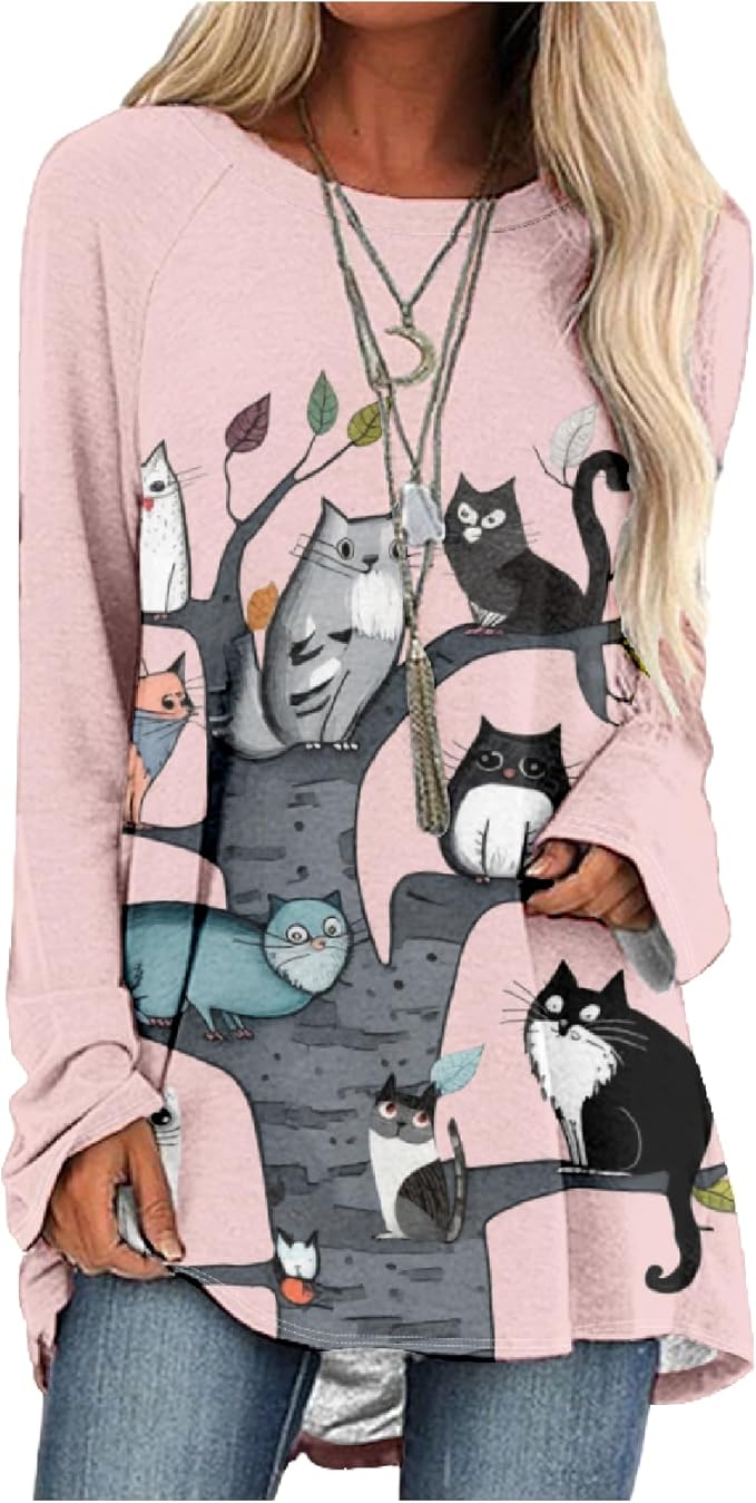 Womens Tunic Shirt Cute Cat Print Long Sleeve Round Neck Women T Shirts Cotton Casual Plus Size Vacation Tunics Tops