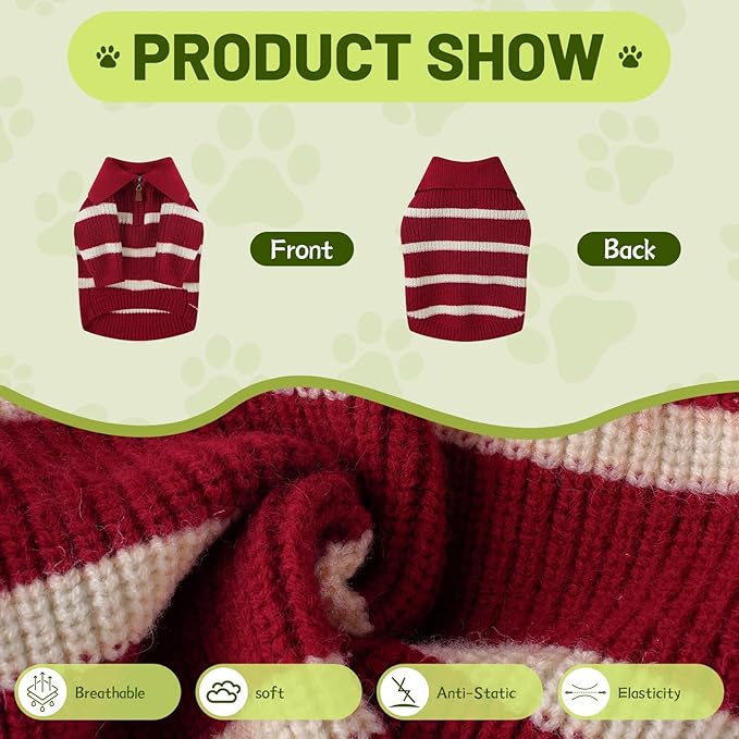 Small Dog Sweater with Zipper, Knitted Striped Pullover Dog Clothes for Cold Weather, Thick Warm Cozy Stretchy Sweater for Chihuahua, Bulldog, Dachshund, Pug(Red & White Strip, S)