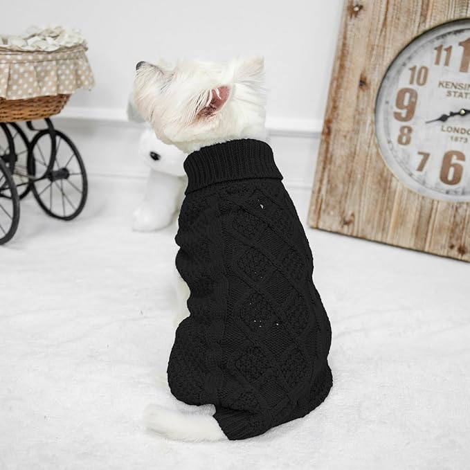 Mihachi Turtleneck Dog Sweater - Winter Coat Apparel Classic Cable Knit Clothes with Leash Hole for Cold Weather, Ideal Gift for Pet in New Year Black Small/Medium